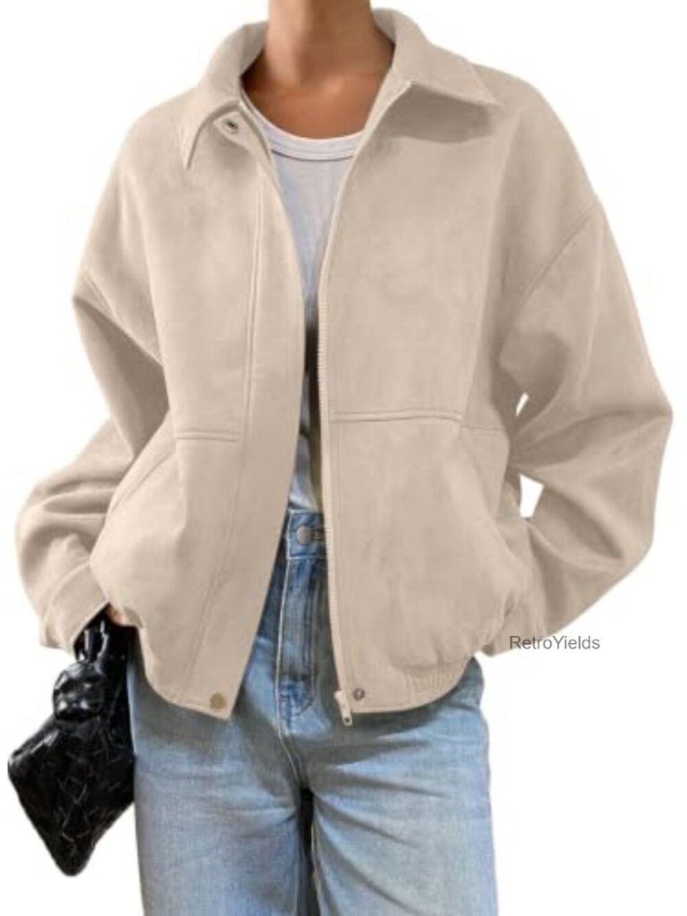 Faux Suede Bomber Jacket Oversized Zip Up Cropped Coat